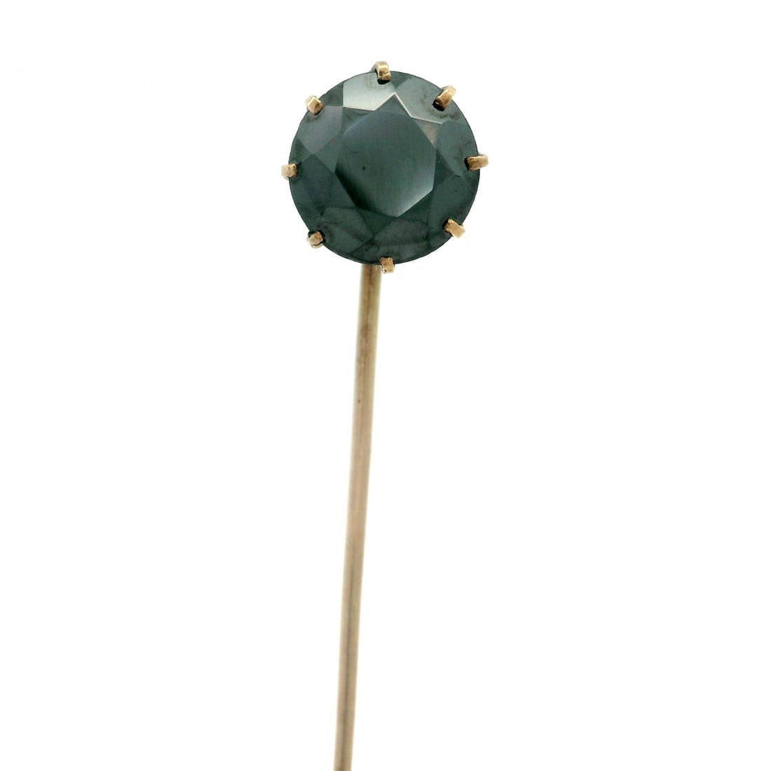 Antique 10k Yellow Gold Hematite Basket Stick Pin Unique Design: Antique 10k Yellow Gold Hematite Basket Stick Pin Unique Design This exquisite antique stick pin features a solid 10k yellow gold construction, showcasing a stunning round faceted hematite stone. The 