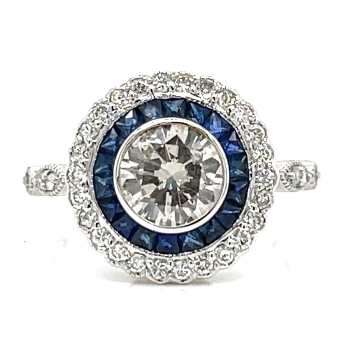 Platinum 18K White Gold Diamond Sapphire Ring 1.30 Ct Center: Platinum 18K White Gold Diamond Sapphire Ring 1.30 Ct Center This exquisite ring features a stunning combination of platinum and 18K white gold, accentuated by dazzling diamonds and vibrant sapphires.