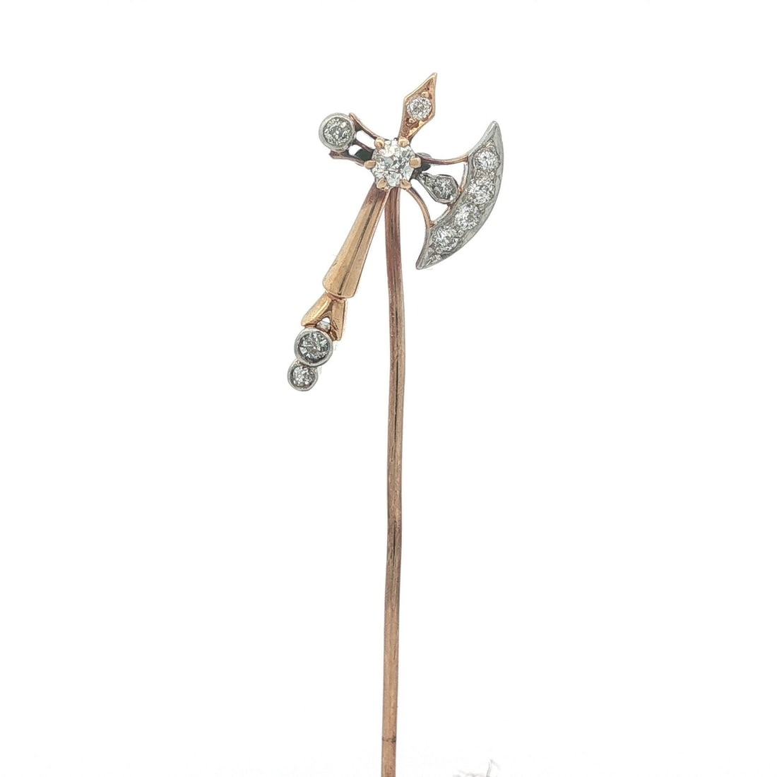 Edwardian Era 12-14k Gold Platinum Old Mine Diamond Halberd Motif Stick Pin: Edwardian Era 12-14k Gold Platinum Old Mine Diamond Halberd Motif Stick Pin This antique Edwardian stick pin features a halberd axe and spike design, crafted from solid 12-14k yellow gold with a plati