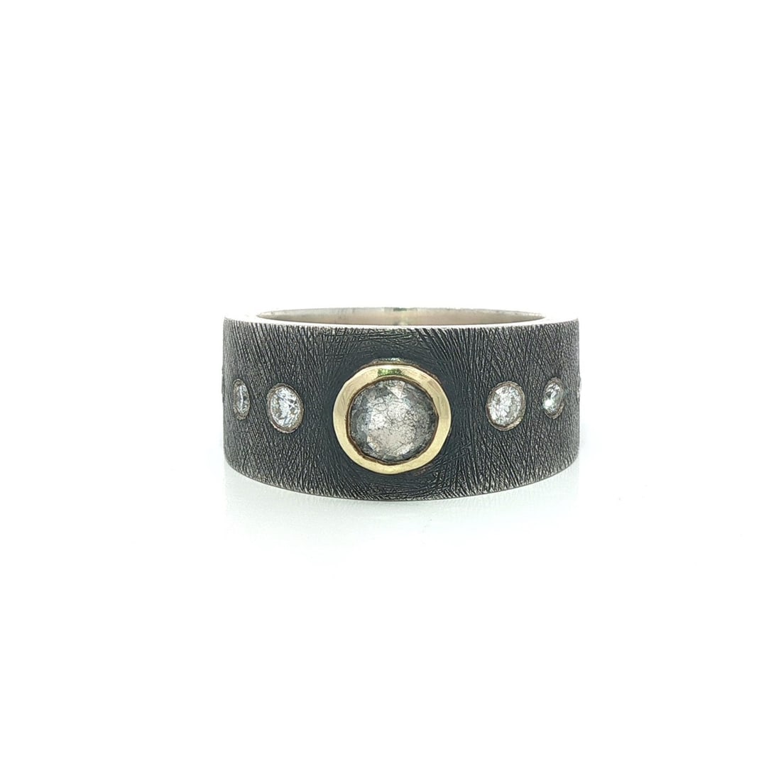 Rene Escobar Florentine Diamond Band Ring in 18k Yellow Gold and Silver: Rene Escobar Florentine Diamond Band Ring in 18k Yellow Gold and Silver This exquisite band ring features a captivating design combining solid sterling silver and an 18k yellow gold bezel. The centerp