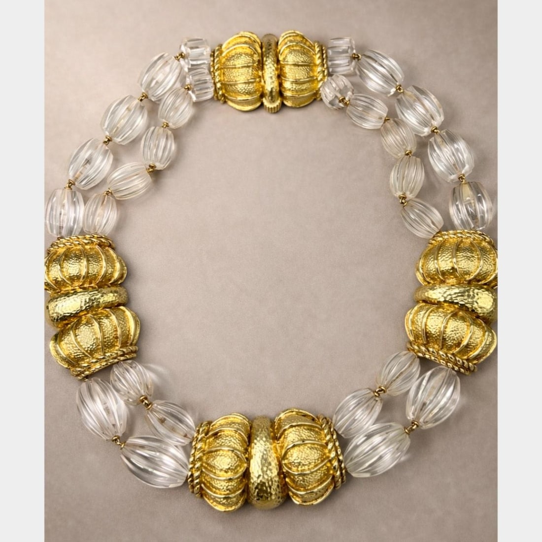 18K Yellow Gold Rock Crystal Necklace by David Webb 16 Inch with Pouch: 18K Yellow Gold Rock Crystal Necklace by David Webb 16 Inch with Pouch This David Webb necklace features 18K yellow gold and rock crystal elements. The necklace weighs 216.1 grams and measures 16 inch