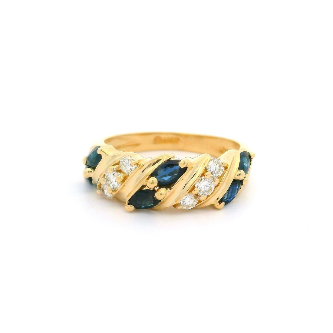 14k Yellow Gold Stack Band Ring with Marquise Sapphire and Diamonds: 14k Yellow Gold Stack Band Ring with Marquise Sapphire and Diamonds This exquisite stack band ring features a stunning marquise-cut sapphire at its center, surrounded by sparkling diamonds for a truly