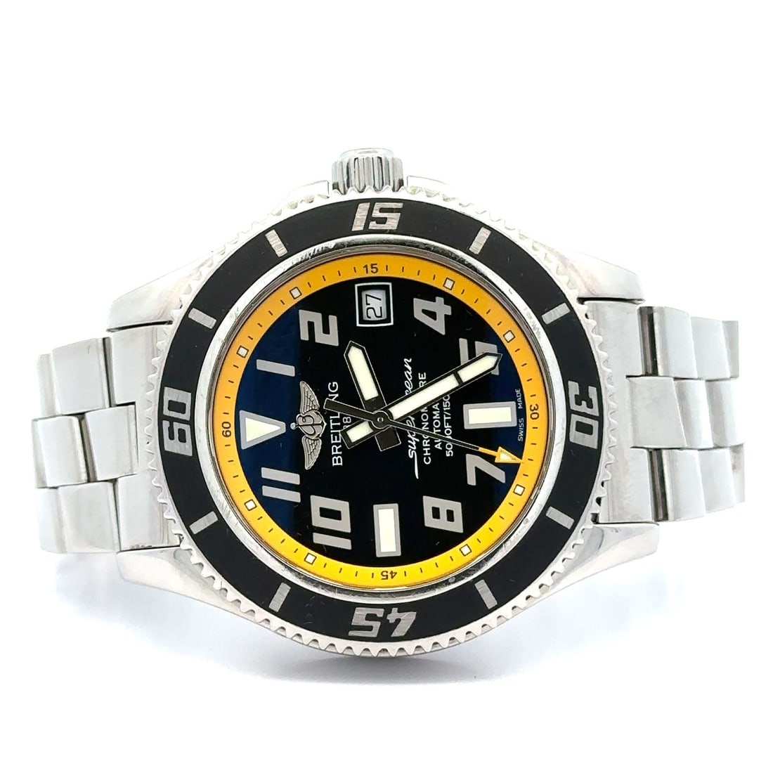 42mm Breitling Superocean Automatic Chronometer Watch Stainless Steel Ref A17364: 42mm Breitling Superocean Automatic Chronometer Watch Stainless Steel Ref A17364 This Breitling Superocean wristwatch features a 42mm polished stainless steel case with a black dial and unidirectional