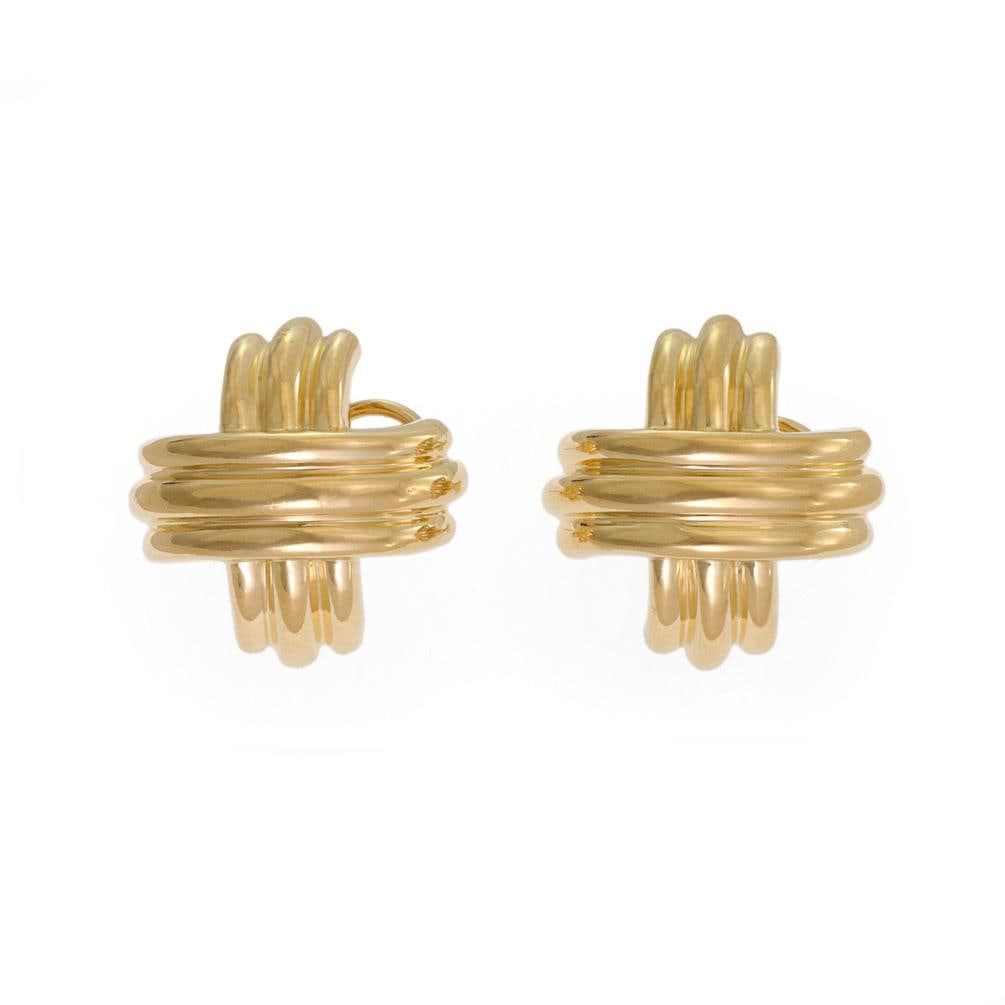 Tiffany & Co. 18K Yellow Gold Signature X Earrings with Omega Backs: Tiffany & Co. 18K Yellow Gold Signature X Earrings with Omega Backs Elevate your style with these stunning Tiffany & Co. earrings from the Signature X Collection. Crafted from authentic 18K yellow gol