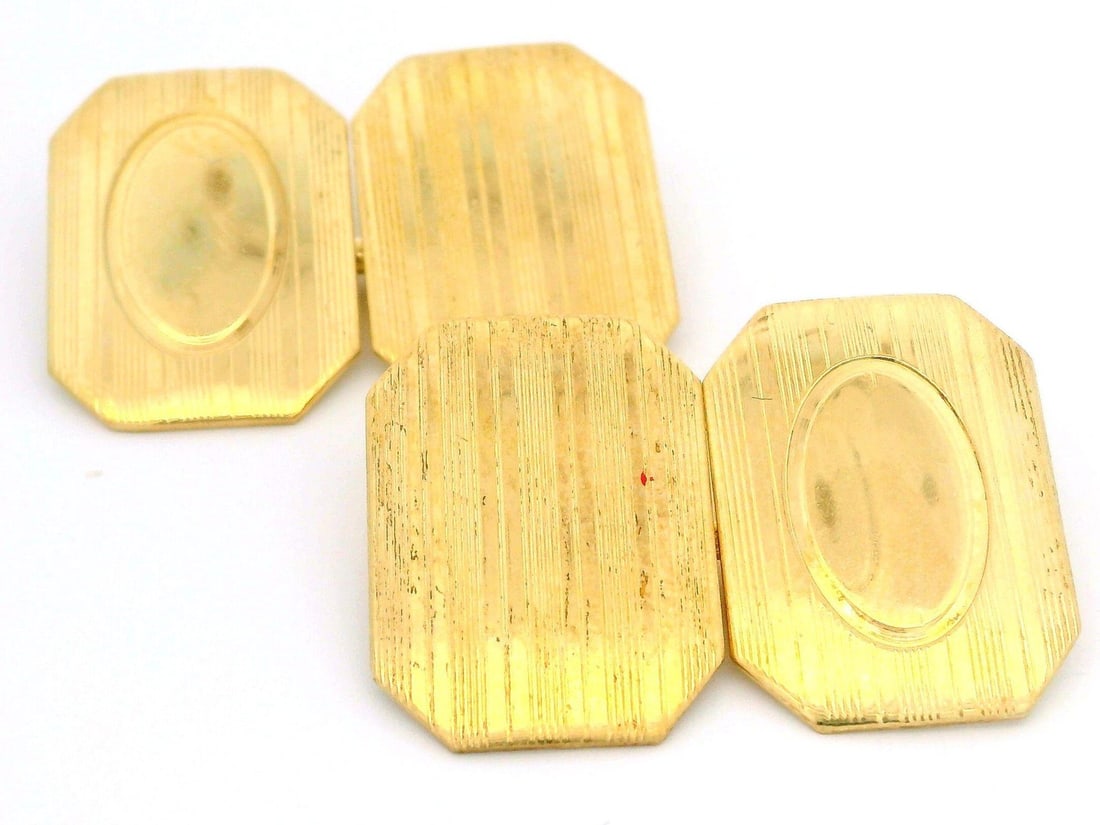 Antique 14k Yellow Gold Rectangular Engravable Cufflinks: Antique 14k Yellow Gold Rectangular Engravable Cufflinks Elevate your style with these Men's Antique Yellow Gold Rectangular Grooved Engravable Cufflinks. Crafted from 14k yellow gold, these cufflinks