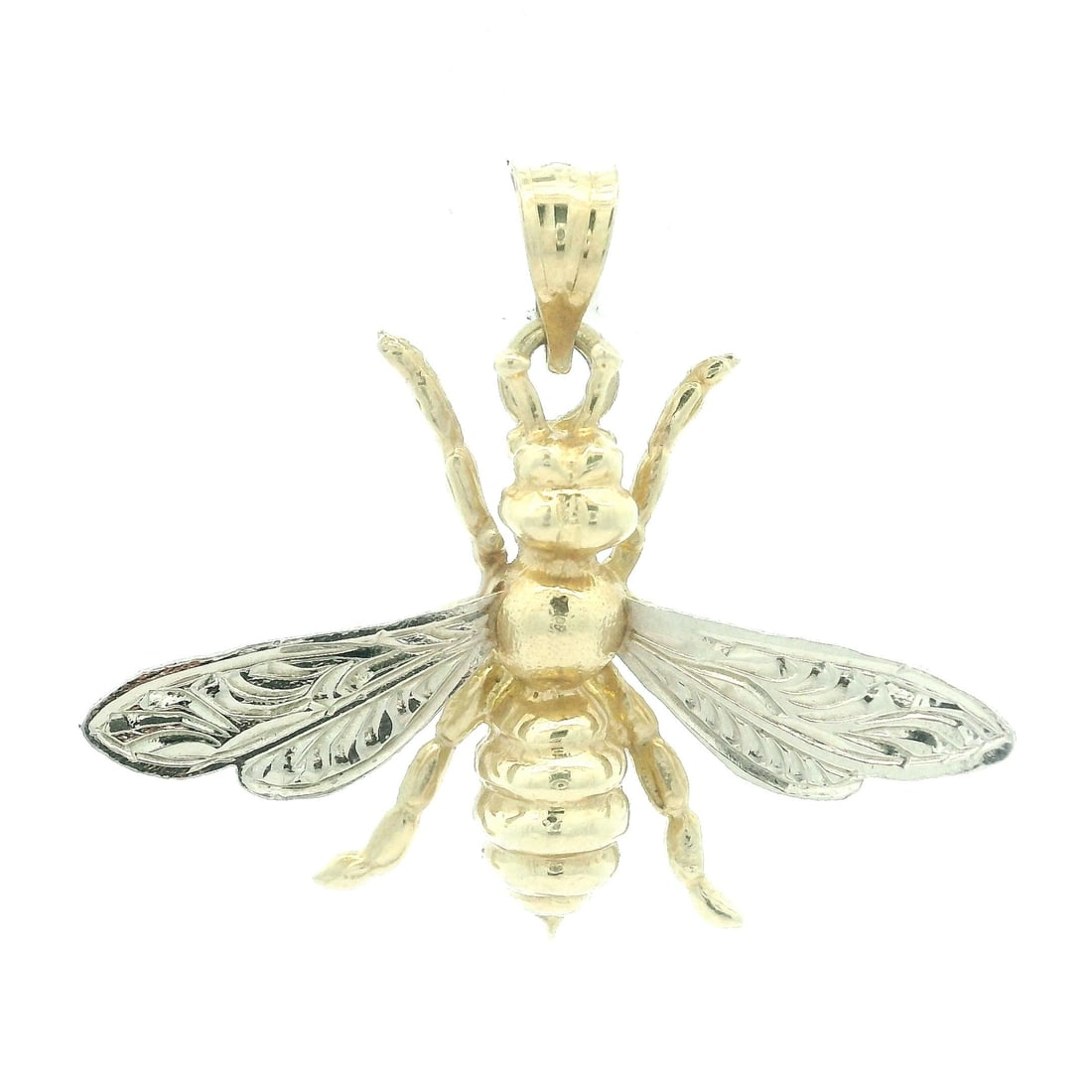 14k Yellow and White Gold Fly Bee Charm Pendant: 14k Yellow and White Gold Fly Bee Charm Pendant This beautiful charm pendant features a detailed fly bee design crafted from solid 14k yellow gold with exquisite white gold wings. With a weight of 3.2