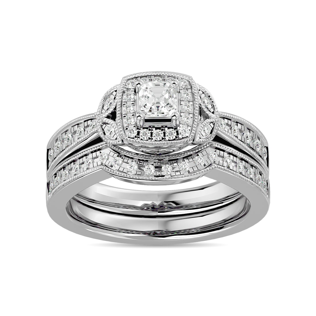 Diamond 1/2 Ct.Tw. Round and Princess Bridal Ring in 14K White Gold: Diamond 1/2 Ct.Tw. Round and Princess Bridal Ring in 14K White Gold 14k White Gold Stone Color: G-h Stone Clarity: Si2 Each ring is presented in standard size 6.5. Complimentary resizing is available 