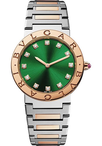 Ladies Bvlgari 103202 Two Tone Bracelet Watch Green Diamond Dial With Papers: Ladies Bvlgari 103202 Two Tone Bracelet Watch Green Diamond Dial With Papers This Bvlgari Bvlgari ladies' watch features a striking green diamond dial and a fixed bezel. It is presented on a two-tone 