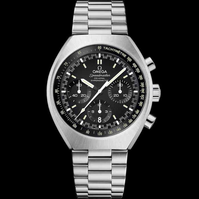 Stainless Steel Omega Speedmaster Mark II Black Dial Watch Ref 327.10.43.50.01.001: Stainless Steel Omega Speedmaster Mark II Black Dial Watch Ref 327.10.43.50.01.001 This Omega Speedmaster Mark II features a black dial and a fixed bezel, paired with a stainless steel bracelet. The w