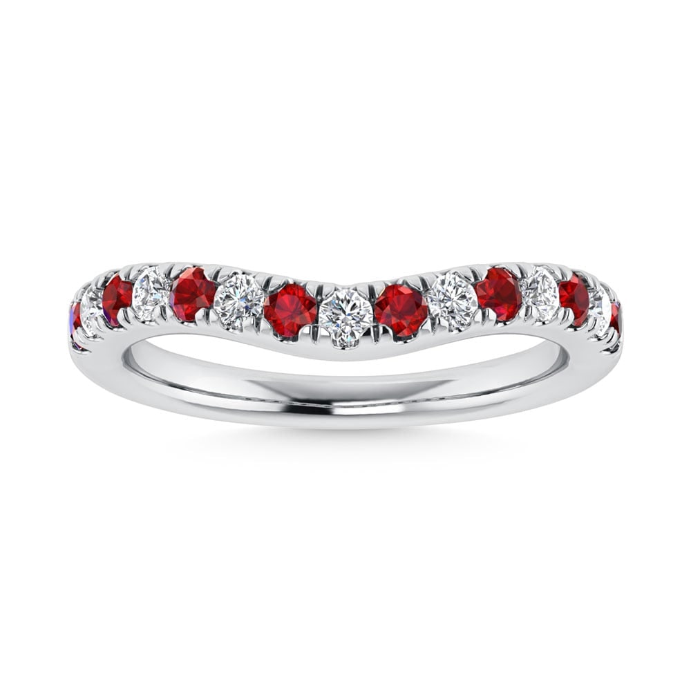 14K White Gold Ruby and Diamond 5/8 Ct.Tw. Curve Band: 14K White Gold Ruby and Diamond 5/8 Ct.Tw. Curve Band 14k White Gold Stone Color: G-h Stone Clarity: I2 Each ring is presented in standard size 6.5. Complimentary resizing is available between sizes 5
