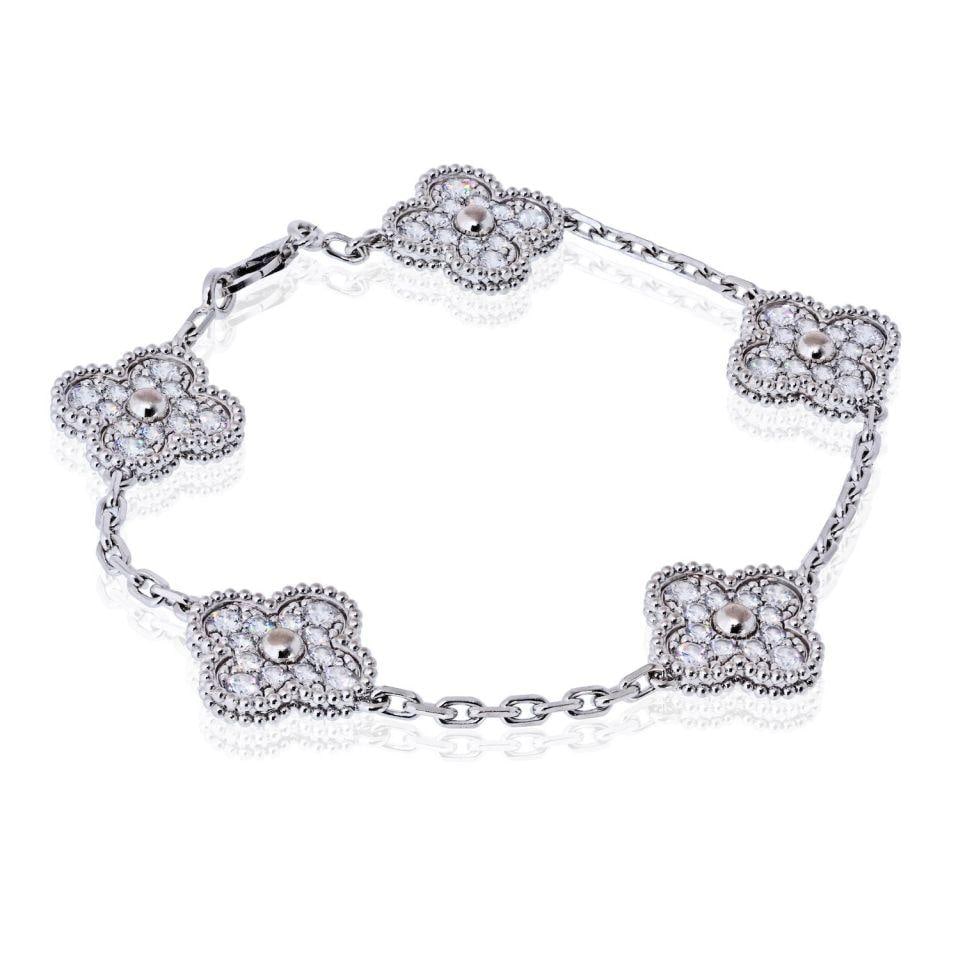 Van Cleef & Arpels Alhambra 18K White Gold Diamond Bracelet 2.41 Cts: Van Cleef & Arpels Alhambra 18K White Gold Diamond Bracelet 2.41 Cts This exquisite Van Cleef & Arpels Alhambra bracelet is crafted from 18K white gold and showcases a stunning array of diamonds. Meas