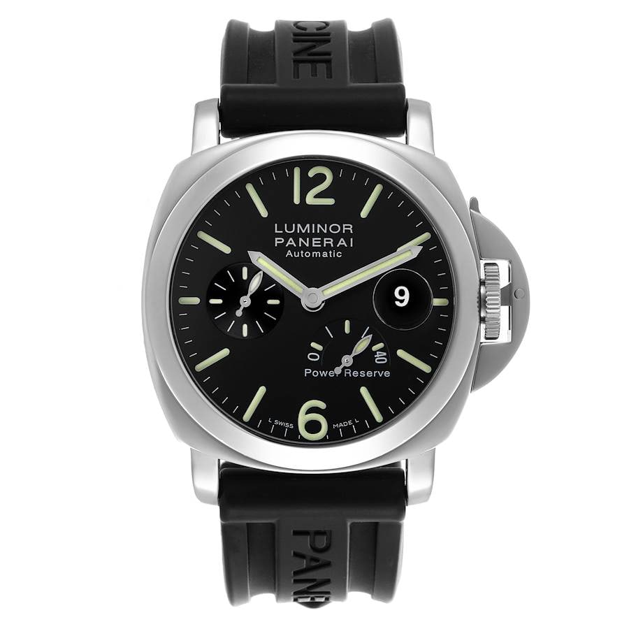 Panerai Luminor PAM00090 Mens Watch Black Dial Rubber Strap with Papers 2004: Panerai Luminor PAM00090 Mens Watch Black Dial Rubber Strap with Papers 2004 This is a Panerai Luminor Power Reserve men's watch featuring a black dial and smooth bezel, paired with a rubber bracelet.