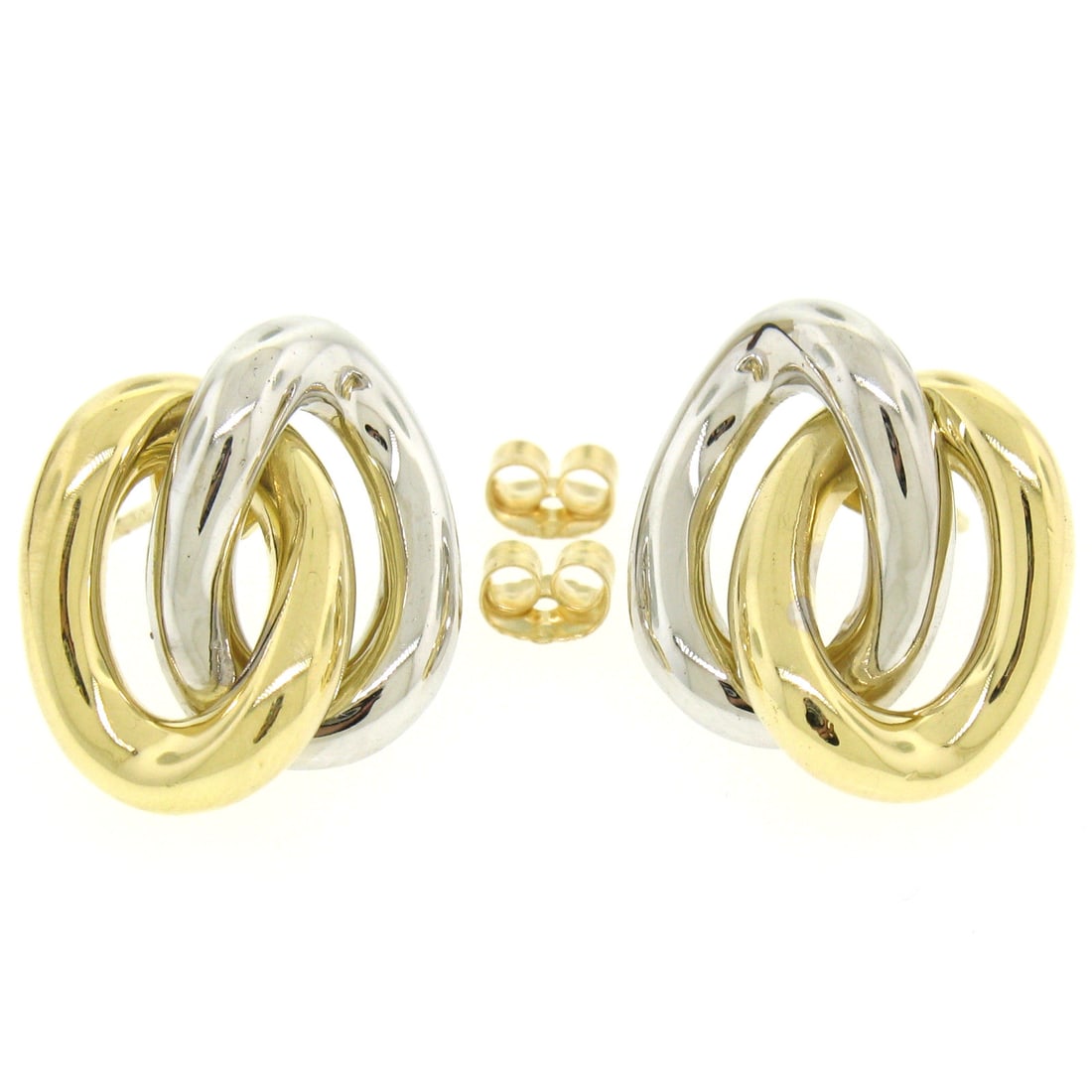 18K Two Tone Gold Interlocking Oval Knot Stud Earrings 8.6g: 18K Two Tone Gold Interlocking Oval Knot Stud Earrings 8.6g Elevate your style with these exquisite 18K Two Tone Gold Stationary Dual Interlocking Oval Knot Stud Post Earrings. Crafted from solid 18K 