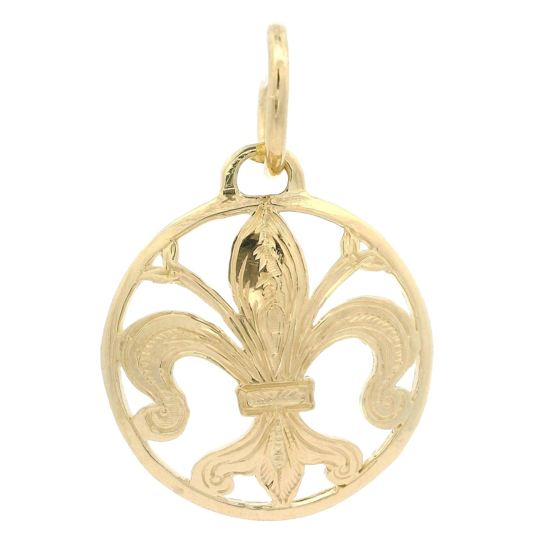 Italian 14k Yellow Gold Fleur De Lis Medallion Pendant: Italian 14k Yellow Gold Fleur De Lis Medallion Pendant This exquisite Italian Solid 14k Yellow Gold Fleur De Lis Open Textured Work Medallion Pendant showcases a classic design crafted from solid 14k 