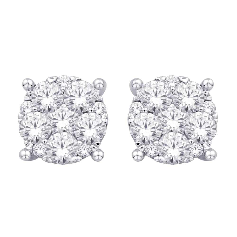 14K White Gold 3/4 Ct.Tw. Diamond Flower Stud Earrings: 14K White Gold 3/4 Ct.Tw. Diamond Flower Stud Earrings This classic stud Earrings Crafted in cool 14K white gold, each Earrings is a flower-shaped composite of gleaming diamonds of 3/4 Ct.Tw. of diamo