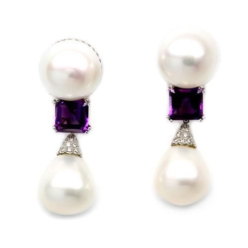 Elegant South Sea Pearl Amethyst Diamond Chandelier Earrings 18K Gold Platinum: Elegant South Sea Pearl Amethyst Diamond Chandelier Earrings 18K Gold Platinum These exquisite chandelier earrings feature stunning South Sea pearls and vibrant amethysts. Designed with 4 South Sea pe