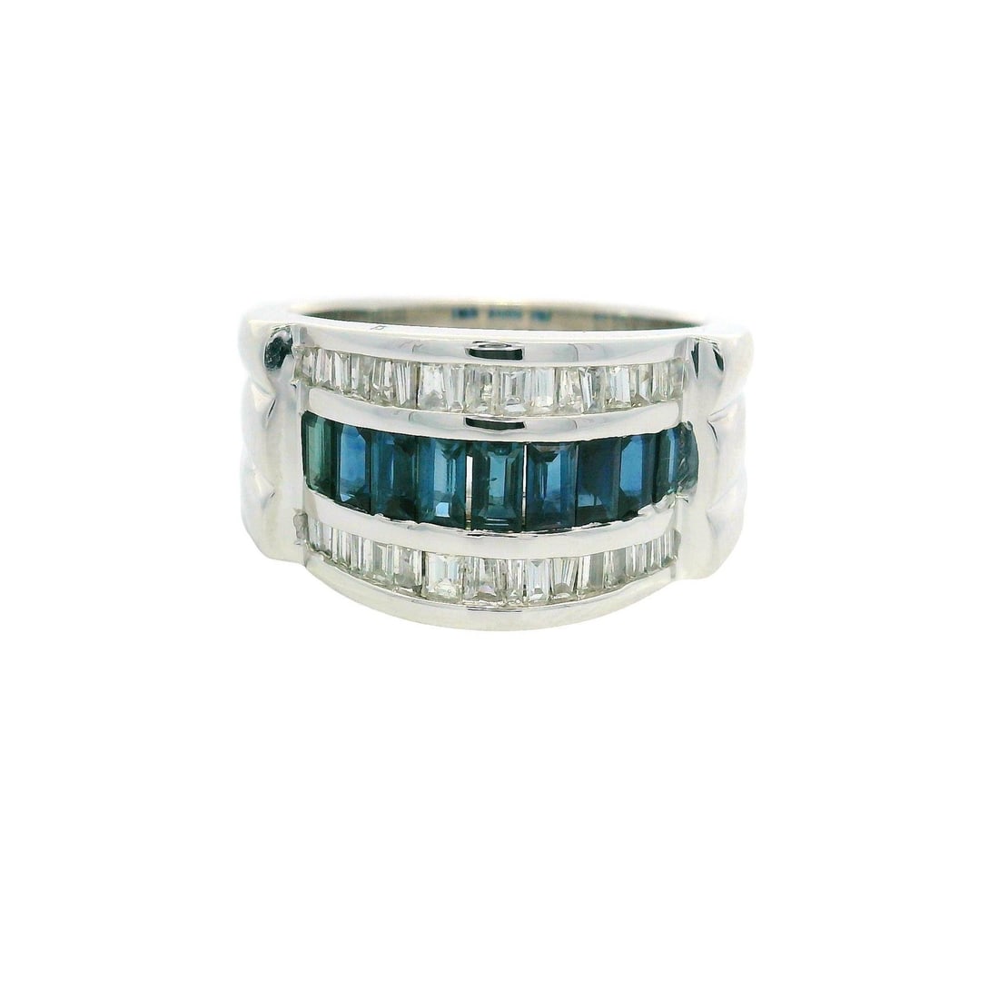 Chanel 14k White Gold Baguette Sapphire Diamond Wide Band Ring: Chanel 14k White Gold Baguette Sapphire Diamond Wide Band Ring This stunning wide band ring showcases a luxurious design featuring baguette-cut sapphires and diamonds. Crafted from solid 14k white