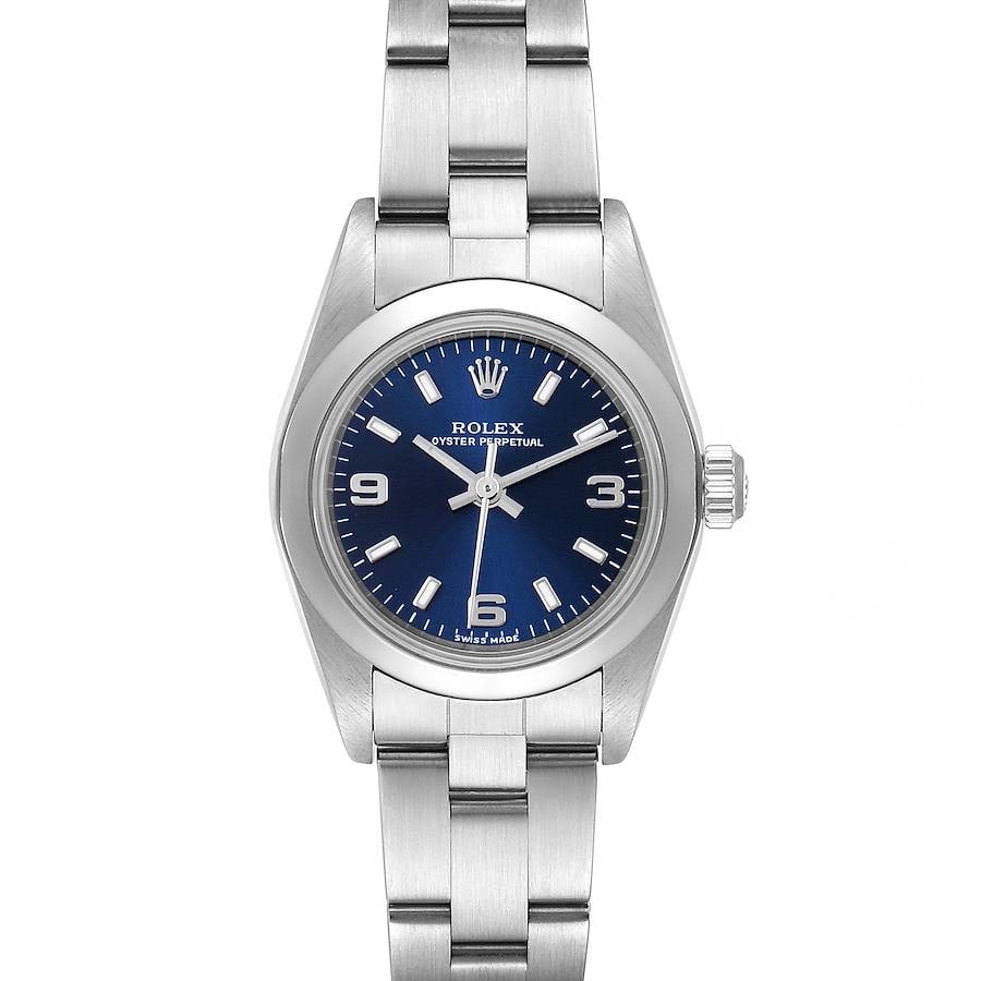 Ladies Rolex Oyster Perpetual 76080 Blue Dial with Original Papers 2000: Ladies Rolex Oyster Perpetual 76080 Blue Dial with Original Papers 2000 This is a ladies' Rolex Oyster Perpetual watch, reference 76080. It features a blue dial with a smooth bezel and is paired with 