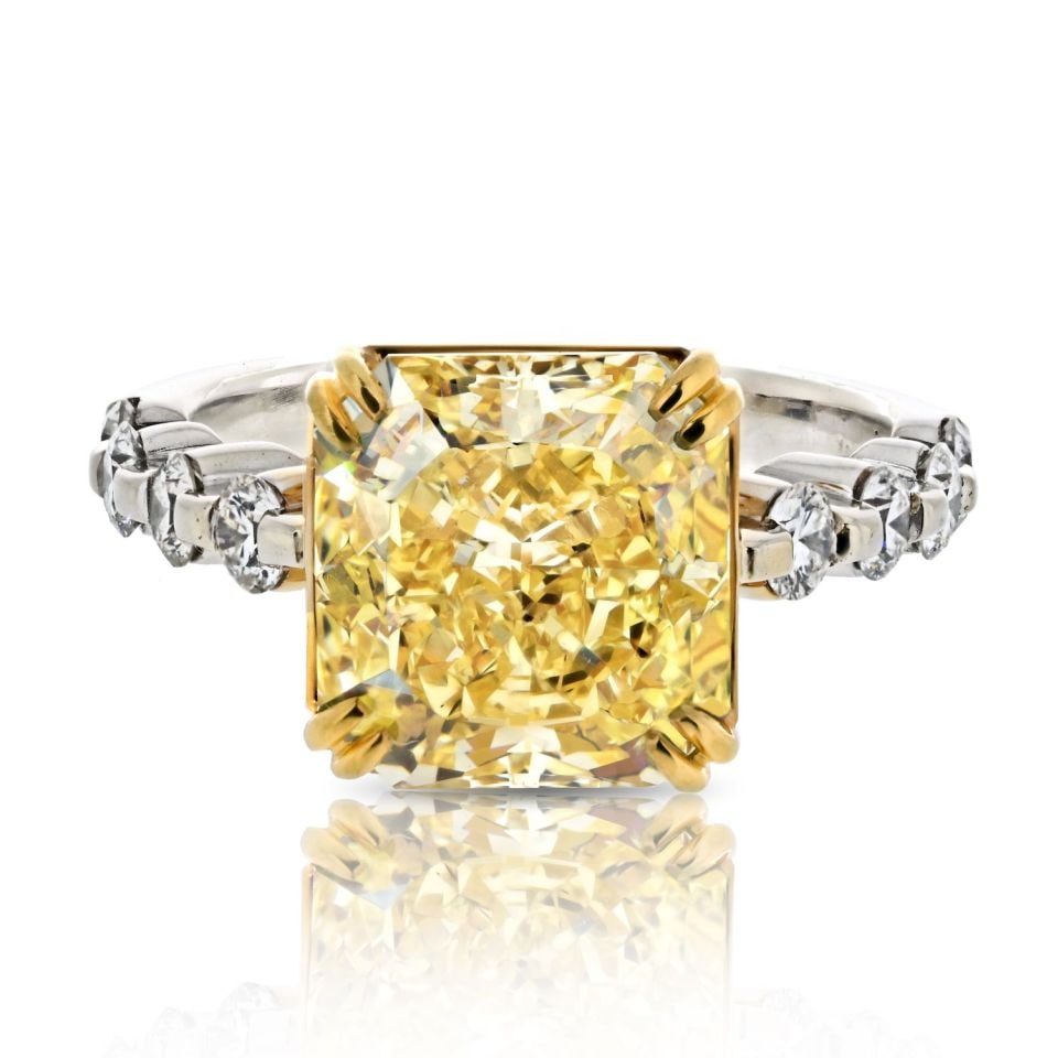 3.62ct Fancy Intense Yellow Diamond Engagement Ring GIA 18K Two Tone: 3.62ct Fancy Intense Yellow Diamond Engagement Ring GIA 18K Two Tone This stunning engagement ring features a breathtaking 3.62 carat radiant cut diamond with a Fancy Intense Yellow hue, certified by 