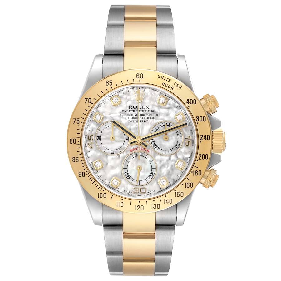 Daytona 116523 Rolex Watch Mother of Pearl Diamond Dial Oyster Bracelet 2013 Card: Daytona 116523 Rolex Watch Mother of Pearl Diamond Dial Oyster Bracelet 2013 Card This Rolex Daytona features a mother of pearl dial set with factory diamonds. The watch is equipped with a fixed bezel