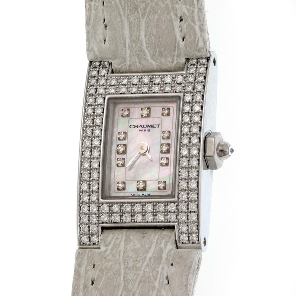 Chaumet Paris 18k White Gold Diamond Dial Quartz Ladies Watch: Chaumet Paris 18k White Gold Diamond Dial Quartz Ladies Watch This exquisite ladies quartz wristwatch from Chaumet Paris is a perfect blend of elegance and sophistication. The watch features a long re