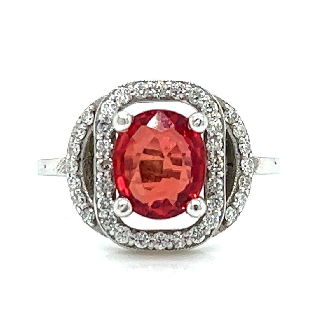14K White Gold Orange Sapphire Diamond Ring 2.00 Ct 40 Stones: 14K White Gold Orange Sapphire Diamond Ring 2.00 Ct 40 Stones This stunning 14K White Gold ring features an exquisite 2.00 Ct. Orange Sapphire at its center, surrounded by 40 sparkling diamonds totali