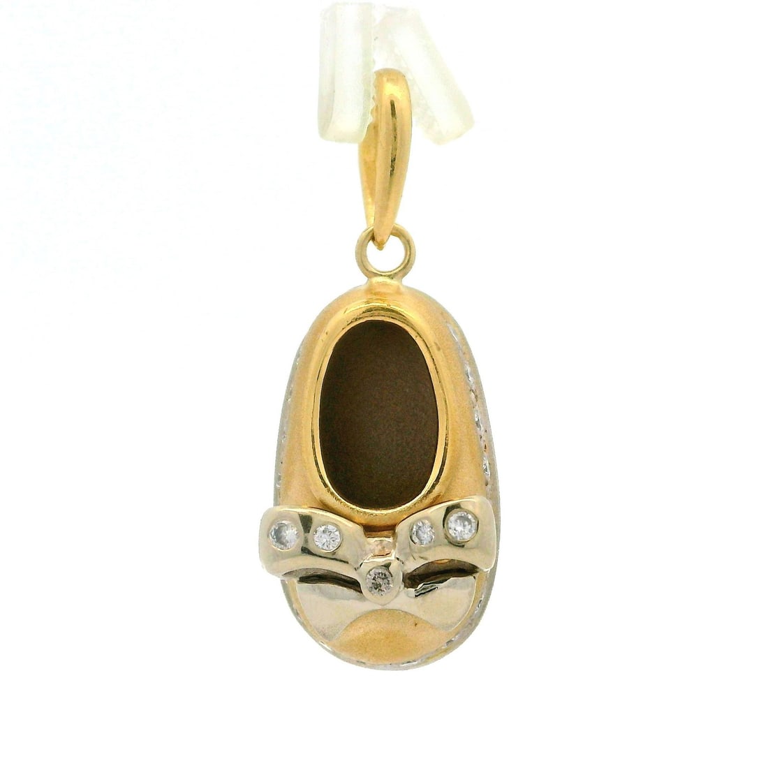 Estate 14k Yellow White Gold Diamond Baby Shoe Charm Pendant: Estate 14k Yellow White Gold Diamond Baby Shoe Charm Pendant This exquisite pendant features a charming baby shoe design crafted from 14k yellow gold, adorned with a delicate bow made of 14k white gol