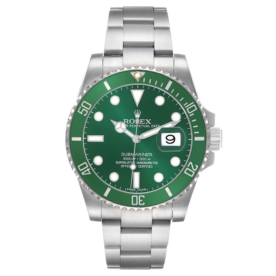 Submariner Hulk Reference 116610LV Green Dial Oyster Bracelet with Card 2014: Submariner Hulk Reference 116610LV Green Dial Oyster Bracelet with Card 2014 Rolex Submariner Hulk with a green dial and rotating bezel, featuring the Oyster bracelet. This model is identified by refe
