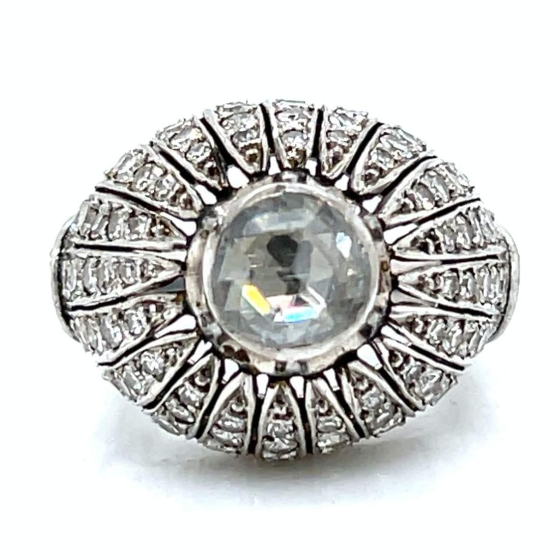 Art Deco Platinum Ring with 1.00 Ct Rose-cut Diamond and 106 Diamonds: Art Deco Platinum Ring with 1.00 Ct Rose-cut Diamond and 106 Diamonds This exquisite Art Deco Platinum Diamond Ring features a stunning central rose-cut diamond, approximately 1.00 Ct, elegantly surro