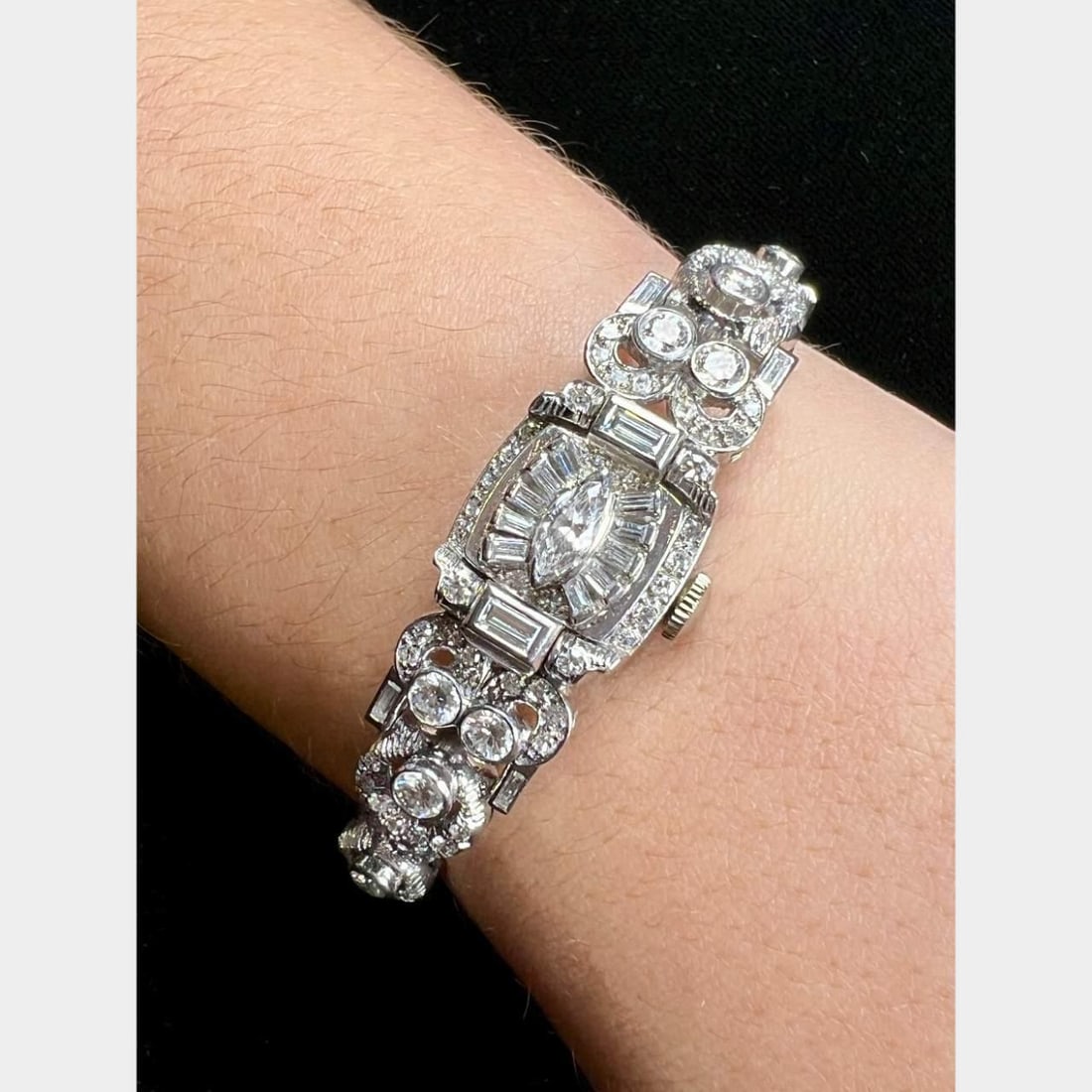 Hamilton Art Deco Platinum Diamond Cocktail Watch 195 Diamonds: Hamilton Art Deco Platinum Diamond Cocktail Watch 195 Diamonds Experience the elegance of the Art Deco era with this exquisite Hamilton cocktail watch. Crafted from premium platinum, this timepiece is