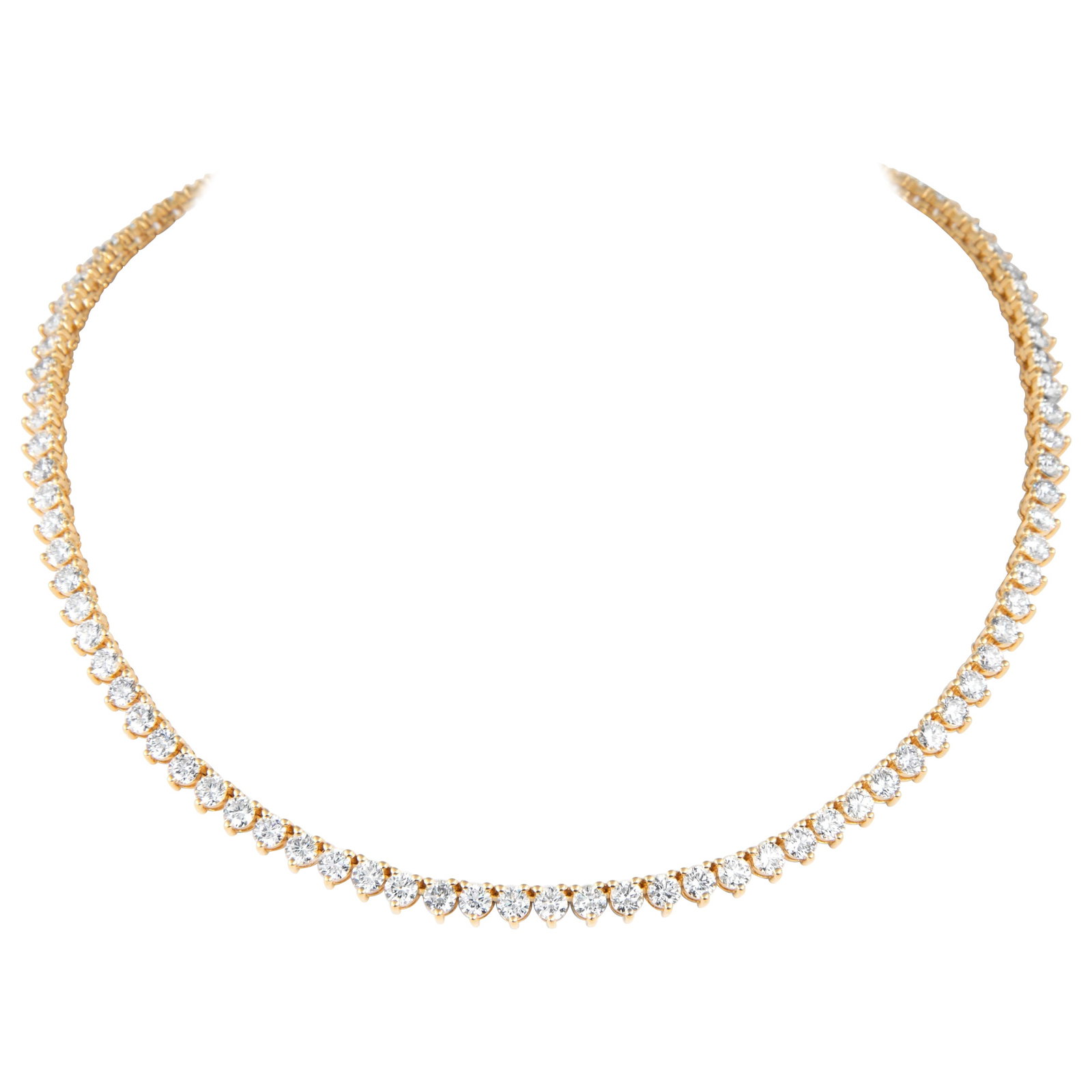 19.42ct Diamond Tennis Necklace 18k Gold: 19.42ct Diamond Tennis Necklace 18k Gold This stunning 19.42ct Diamond Tennis Necklace features a classic three-prong setting in luxurious 18k yellow gold. It is adorned with 98 round brilliant diamon