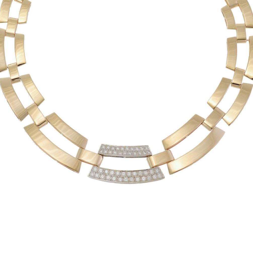 1.80ct Diamond 14k Gold Open Link Collar Necklace: 1.80ct Diamond 14k Gold Open Link Collar Necklace This stunning collar necklace is an exquisite blend of 14k yellow and white gold, featuring long curved double bar links arranged in an open design. T