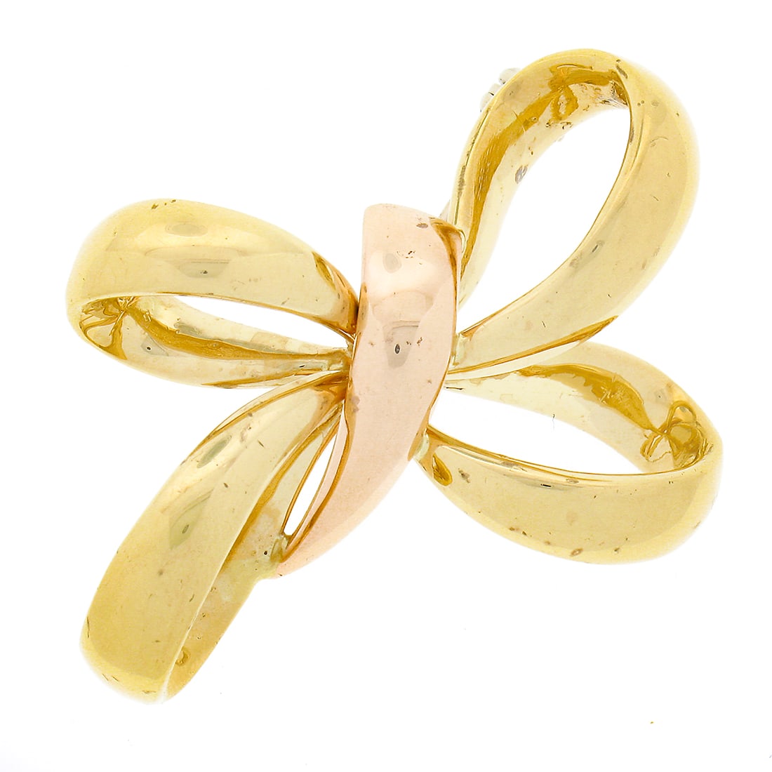 Roberto Coin Vintage 18k Two Tone Gold Butterfly Knot Brooch Pin: Roberto Coin Vintage 18k Two Tone Gold Butterfly Knot Brooch Pin This exquisite vintage brooch by Roberto Coin features a stunning knot butterfly bow design, crafted from solid 18k yellow gold with a 