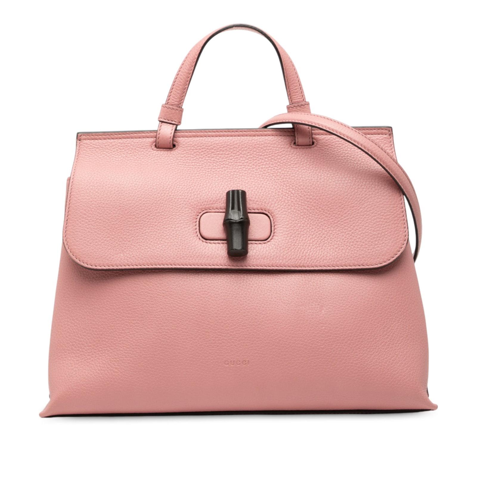 Gucci Bamboo Daily Medium Pink Leather Satchel with Top Handle and Strap: Gucci Bamboo Daily Medium Pink Leather Satchel with Top Handle and Strap This Gucci Medium Leather Bamboo Daily Satchel features a pink leather body with a flat top handle, a detachable flat leather s