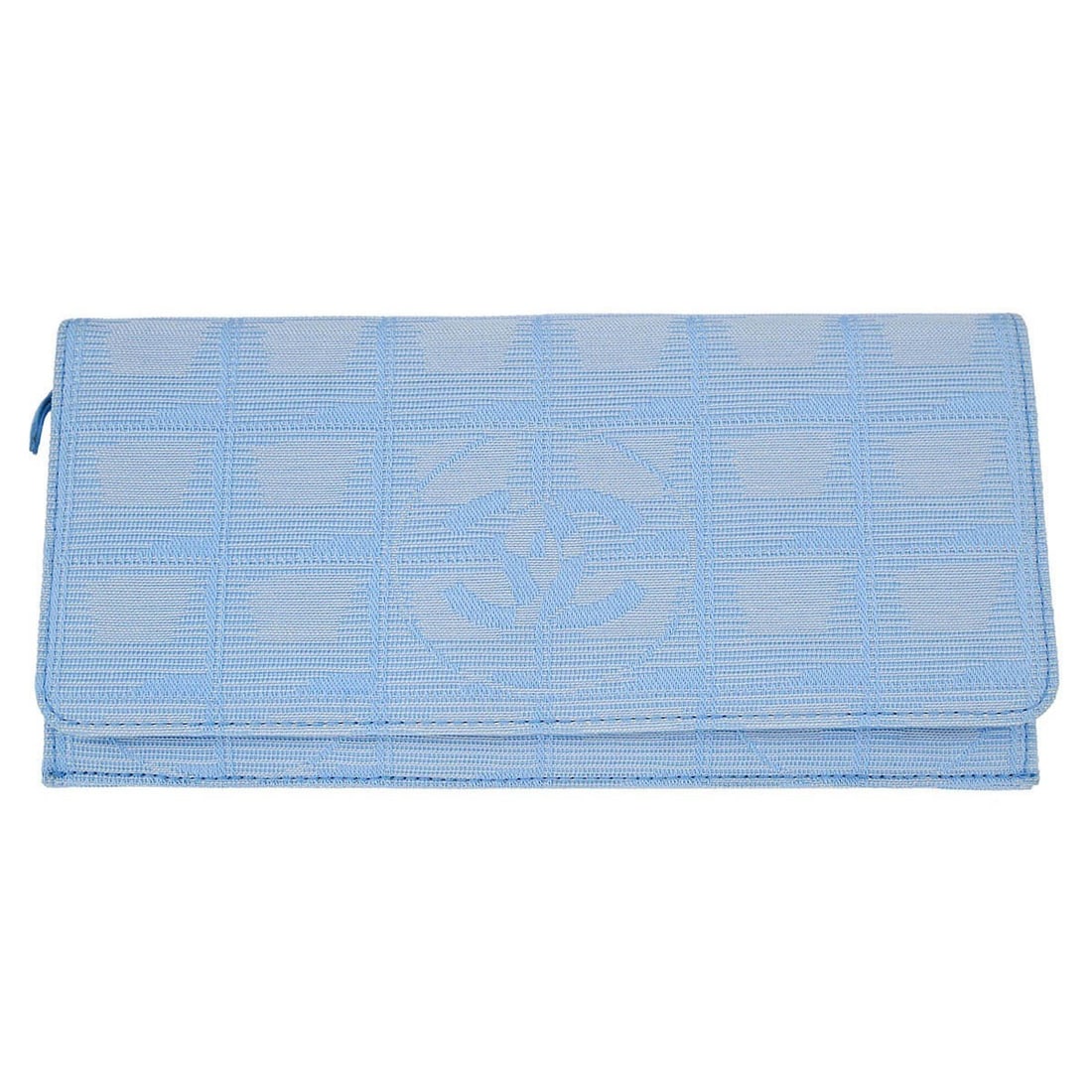 Travel Line Bifold Wallet in Light Blue Nylon by Chanel: Travel Line Bifold Wallet in Light Blue Nylon by Chanel This Chanel bifold wallet from the Travel Line collection features a light blue jacquard nylon exterior. Designed for women, it offers practical