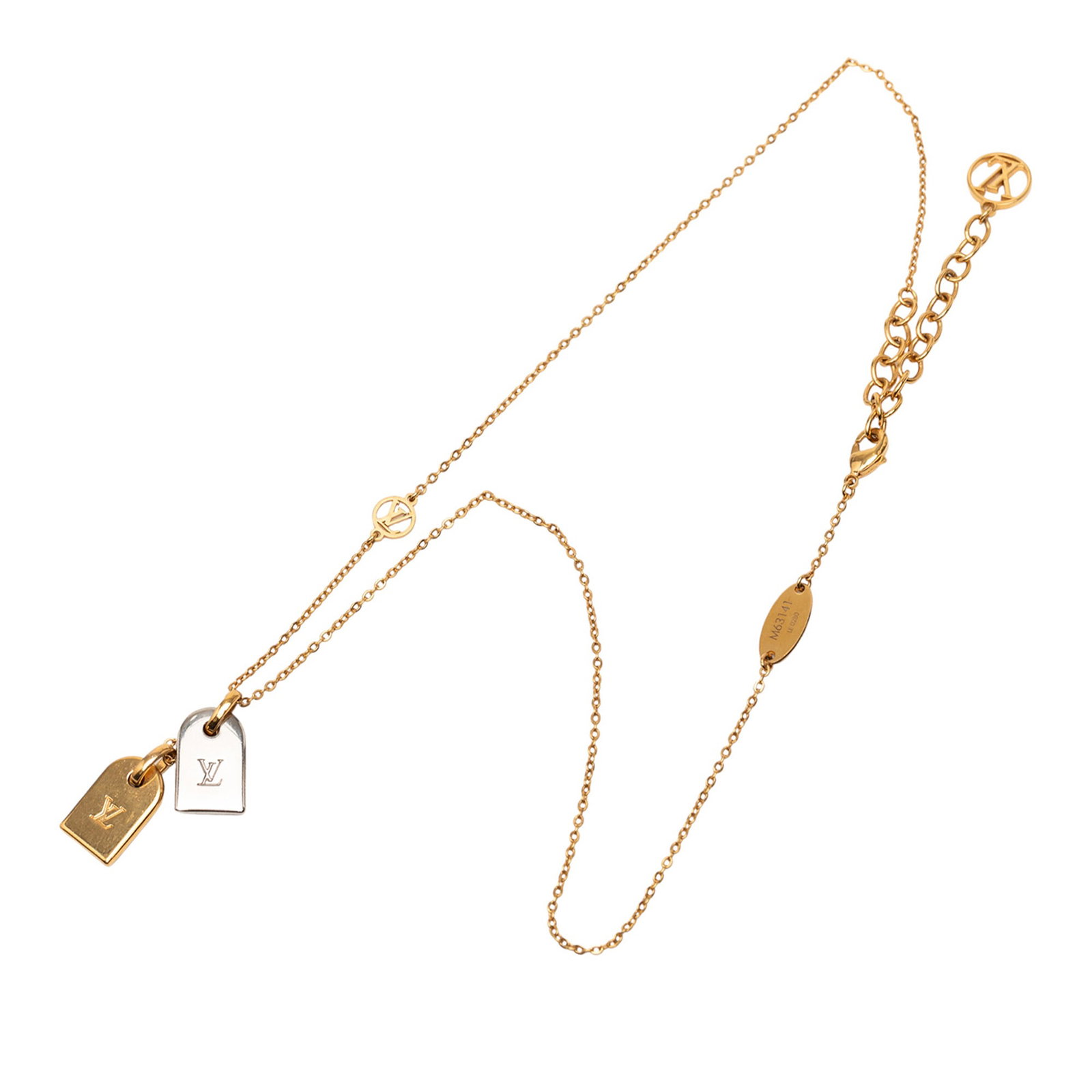 Louis Vuitton Nanogram Chain Necklace with Gold and Silver Tone Pendants: Louis Vuitton Nanogram Chain Necklace with Gold and Silver Tone Pendants This Louis Vuitton Nanogram pendant necklace features a gold-tone chain with both silver-tone and gold-tone plate pendants. The