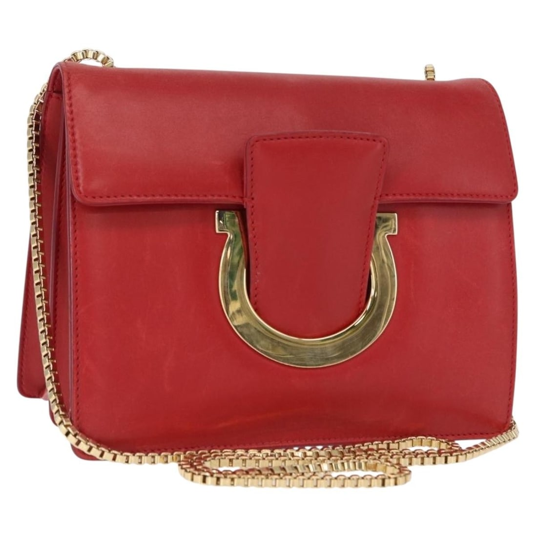 Red Leather Salvatore Ferragamo Shoulder Bag with Chain Strap and Dust Bag: Red Leather Salvatore Ferragamo Shoulder Bag with Chain Strap and Dust Bag This Salvatore Ferragamo shoulder bag features a red leather exterior with gold accents and a chain shoulder strap. Made in I