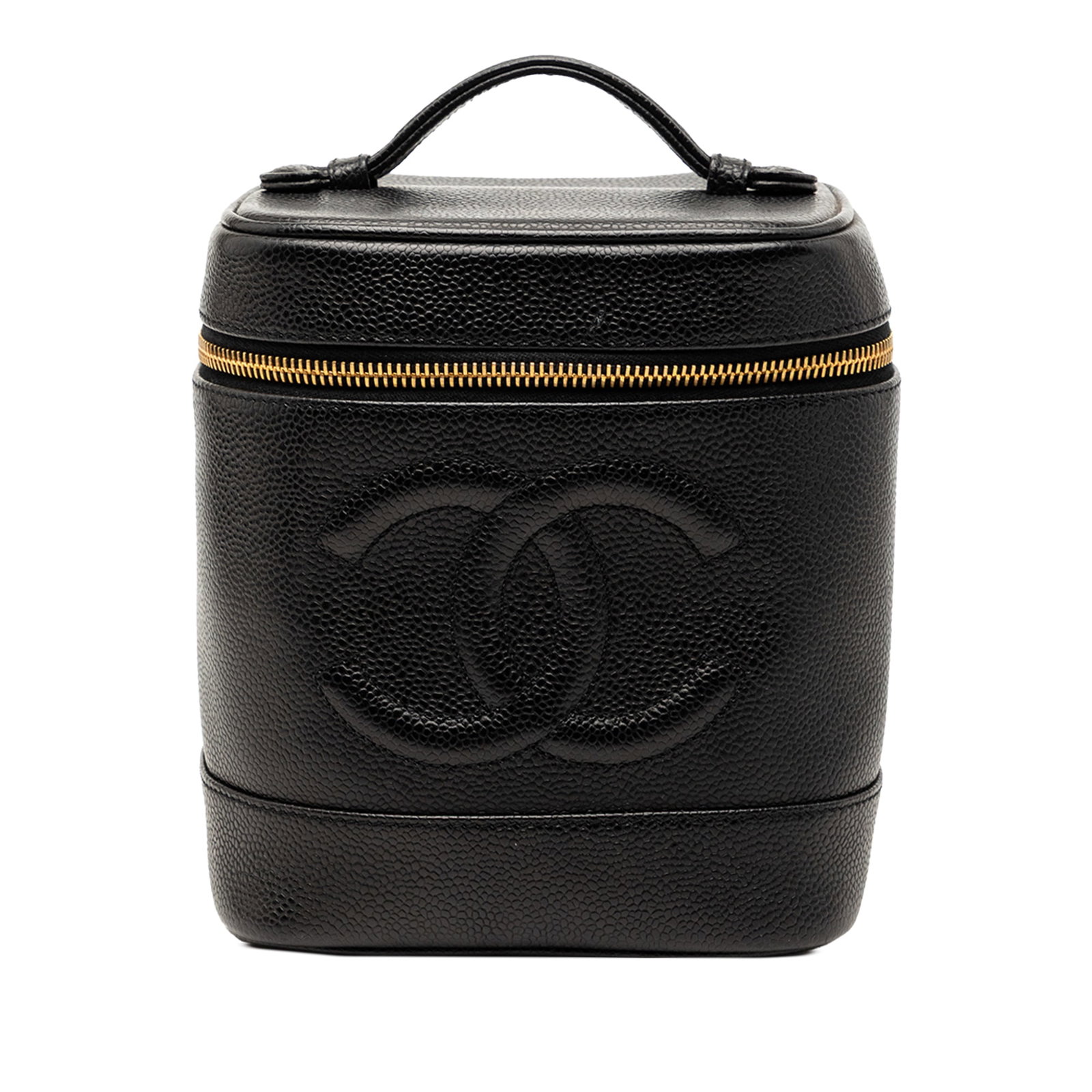 Chanel Black Caviar Leather CC Vanity Bag with Top Handle: Chanel Black Caviar Leather CC Vanity Bag with Top Handle This Chanel CC Caviar Vanity Bag is crafted from durable caviar leather in black and features a flat leather top handle, a zip-around closure,