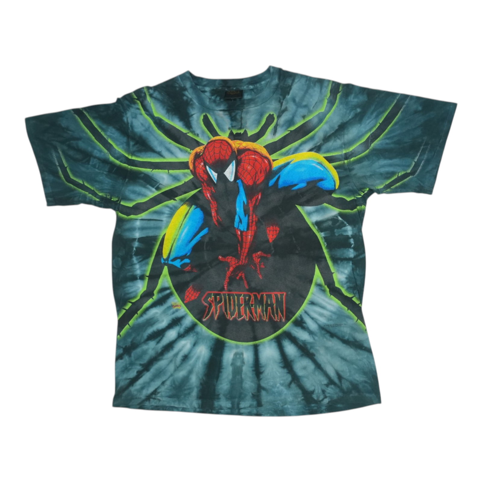 Vintage 1990s Spider-Man Graphic Tie Dye Cotton T-Shirt: Vintage 1990s Spider-Man Graphic Tie Dye Cotton T-Shirt This original vintage 1990s Spider-Man tie dye shirt features vibrant front and back graphics. Made from 100% cotton, it is a true vintage piece