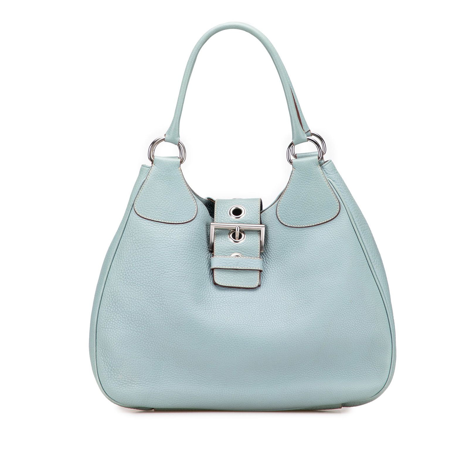 Prada Vitello Daino Blue Leather Shoulder Bag Italy: Prada Vitello Daino Blue Leather Shoulder Bag Italy The Prada Vitello Daino Shoulder Bag is a stylish accessory crafted from high-quality leather, featuring rolled leather straps and a secure buckle c