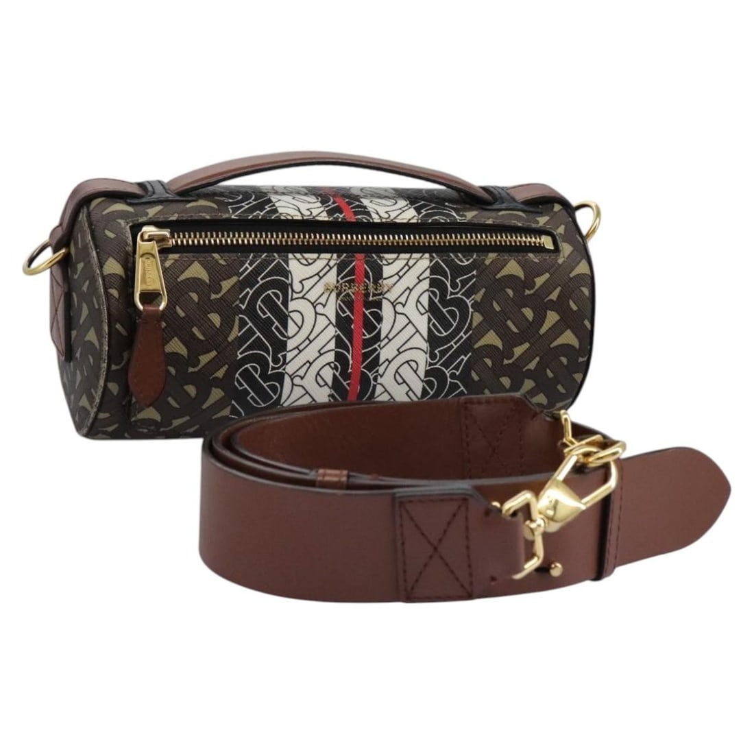 Burberry Brown PVC Leather Monogram Stripe Shoulder Bag for Women: Burberry Brown PVC Leather Monogram Stripe Shoulder Bag for Women This Burberry monogram stripe shoulder bag features a brown PVC leather exterior and is designed for women. The bag is crafted in Ital