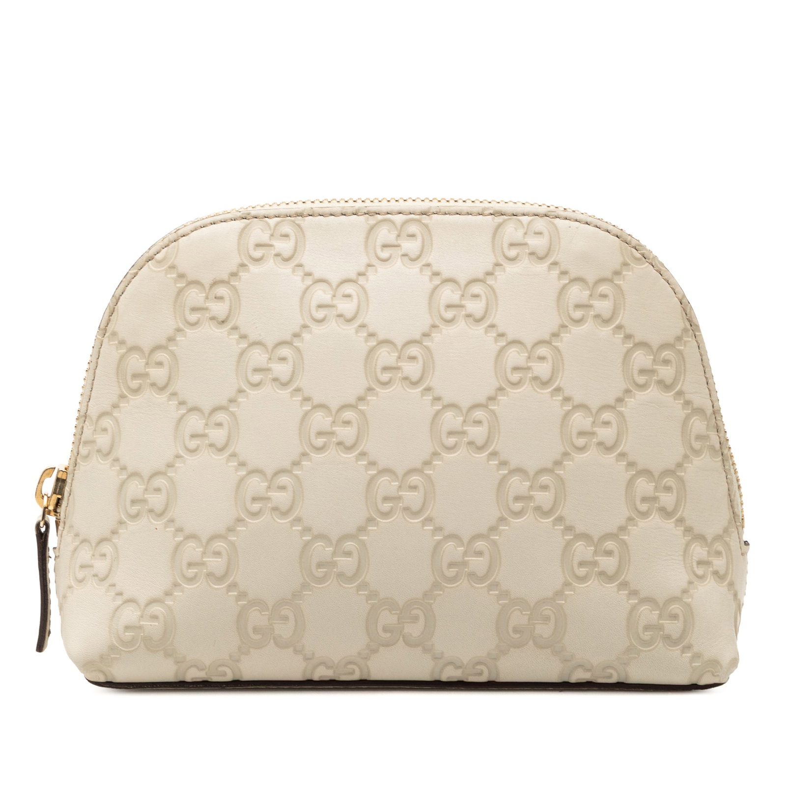 Gucci White Leather Guccissima Embossed Top Zip Pouch Italy: Gucci White Leather Guccissima Embossed Top Zip Pouch Italy This Guccissima pouch showcases an embossed leather exterior with a top zip closure. The item is crafted in Italy and features a white color