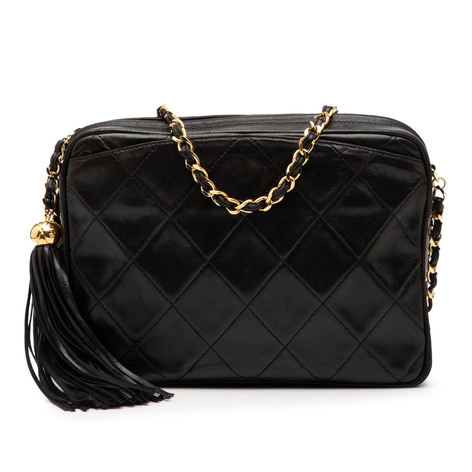 Chanel Lambskin Quilted Camera Bag with Tassel and Chain Strap: Chanel Lambskin Quilted Camera Bag with Tassel and Chain Strap This Chanel CC Quilted Lambskin Tassel Camera Bag features a quilted lambskin leather exterior in brown, accented with a tassel detail an