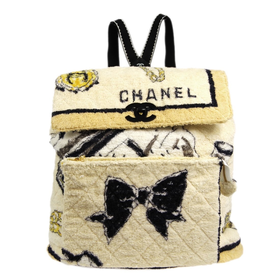 Chanel 94 Collection White Terry Cloth Large Backpack: Chanel 94 Collection White Terry Cloth Large Backpack This Chanel White Terry Cloth Backpack from the `94 Collection is a stylish and functional accessory. It features a spacious interior with a bag w