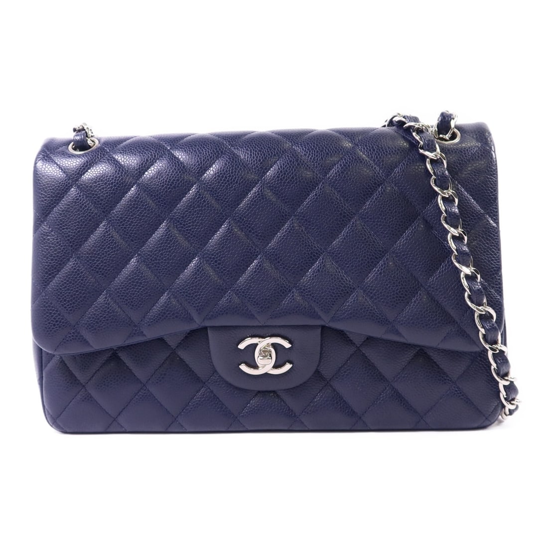 CHANEL Large Classic Chain Shoulder Bag Navy Calfskin Leather: CHANEL Large Classic Chain Shoulder Bag Navy Calfskin Leather Elevate your style with this CHANEL Large Classic Chain Shoulder Bag, crafted from luxurious navy blue calfskin leather. This exquisite sh