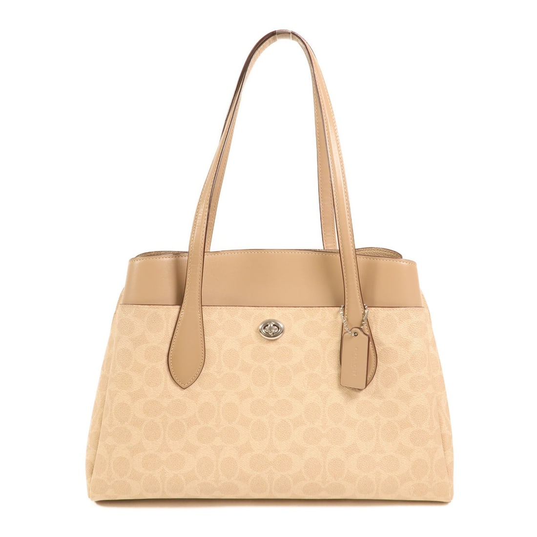Coach Lora Beige Coated Canvas Tote Bag Silver Hardware: Coach Lora Beige Coated Canvas Tote Bag Silver Hardware This COACH Lora Carryall tote bag is crafted from beige PVC coated canvas, offering both durability and a stylish appearance. Designed for women