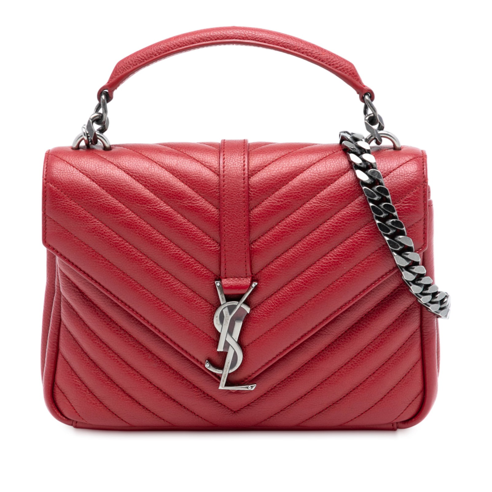 Red Leather Medium College Satchel by Saint Laurent with Quilted Chevron Design: Red Leather Medium College Satchel by Saint Laurent with Quilted Chevron Design This Saint Laurent Medium Chevron Sheepskin Monogram College Satchel features a quilted leather body in red, a rolled le