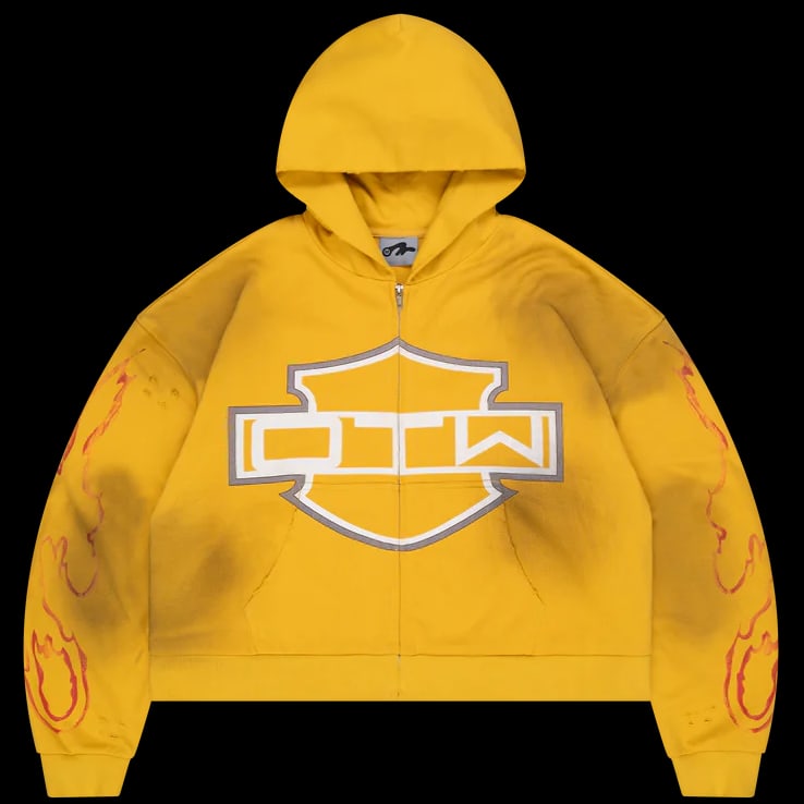 Extra Large Yellow Zip Up Hoodie with Biker Style: Extra Large Yellow Zip Up Hoodie with Biker Style The OTW Biker Yellow Zip Up Hoodie features a vibrant yellow color and a biker-inspired design, offering both comfort and streetwear style. Made from 