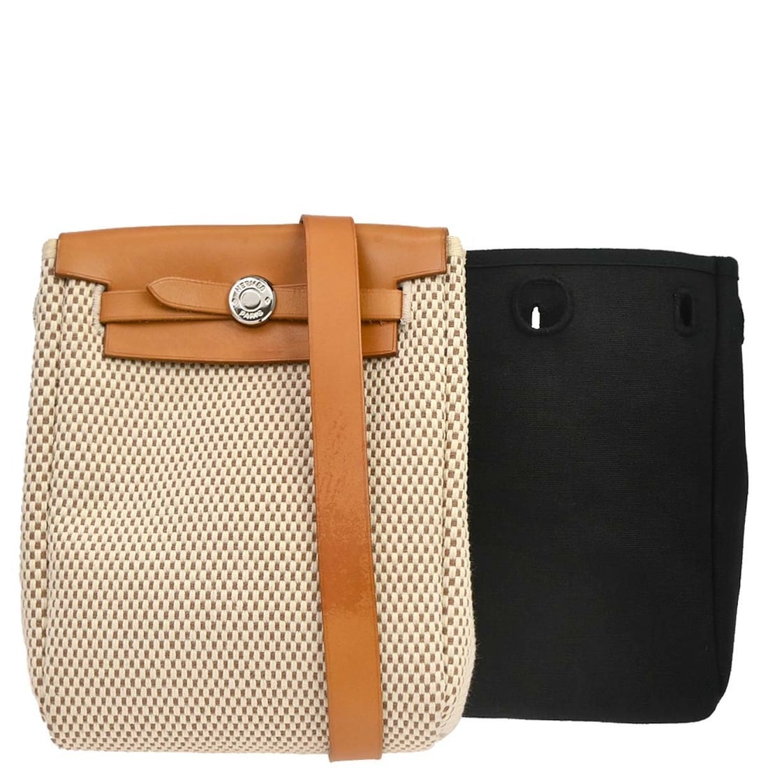 Hermes Herbag TPM GM Black Canvas Leather 2 in 1 Shoulder Bag with Detachable Strap: Hermes Herbag TPM GM Black Canvas Leather 2 in 1 Shoulder Bag with Detachable Strap The Hermes Herbag TPM Officier GM 2 in 1 shoulder bag features a black canvas and leather exterior with a flap closu