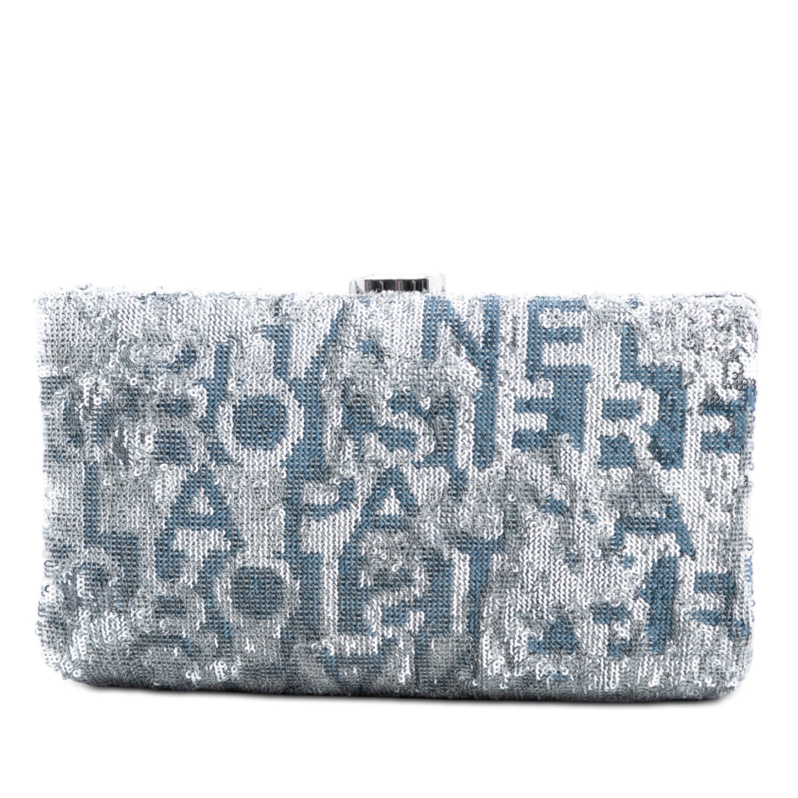 Chanel La Pausa Silver Satin Clutch With Sequin Embroidery: Chanel La Pausa Silver Satin Clutch With Sequin Embroidery This Chanel Satin Sequin Embroidered La Pausa Evening Clutch features a satin body adorned with sequin embroidery, a top metal frame closure,